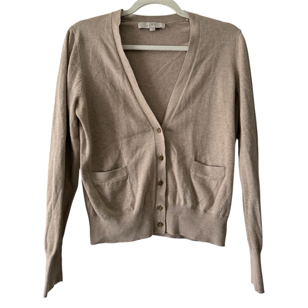 LOFT Beige Cotton Blend Button-Up Cardigan with Pockets